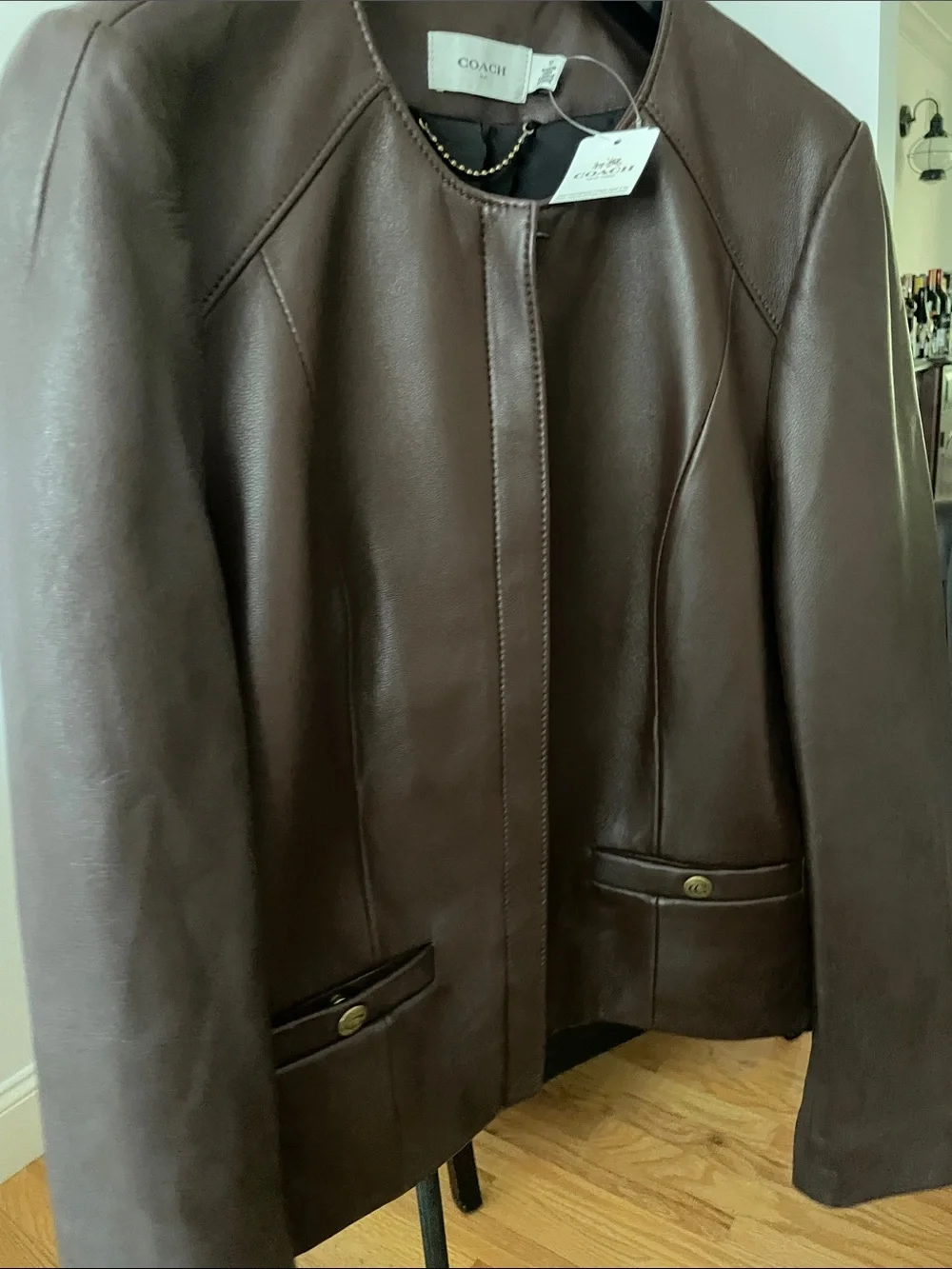 Coach Women's Dark Brown Collarless Leather Jacket